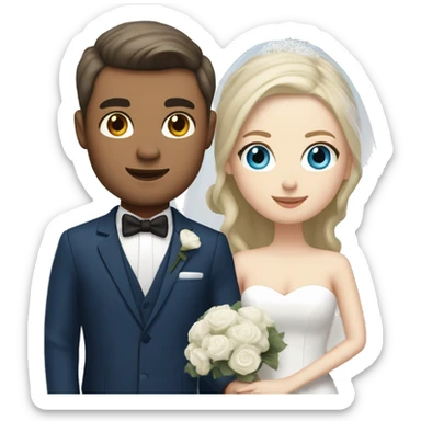 Wedding couple, groom white skin with dark brown hair and dark brown eyes, bride with white skin blonde hair up and blue eyes and veil and dark blue suit sticker