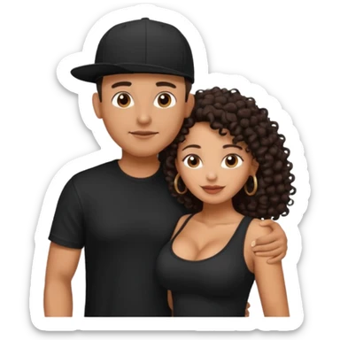 A picture of an embracing tanned couple. the man is a Mexican man with tanned skin, with a bald hair cut wearing a SnapBack hat and a black shirt. the woman has curly longer dark brown hair, thick and with big boobs   sticker