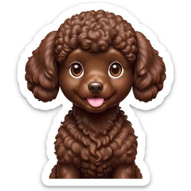 Cinematic Cute Chocolate Poodle Portrait Emoji, Head tilted playfully and inquisitively, showcasing a bouncy, curly chocolate Fur with a healthy sheen, round, sparkling brown eyes filled with curiosity, Simplified yet irresistibly adorable features, highly detailed, glowing with a warm, friendly glow, high shine, affectionate and lively, stylized with a touch of whimsy, bright and endearing, soft glowing outline, capturing the essence of a mischievous yet loving companion, so playful it feels like it could bounce out of the screen and into your arms! sticker