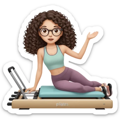 Memoji-style girl with long dark brown curly hair, round glasses, large brown eyes, soft rounded face,makeup, warm beige skin tone, wearing Pilates activewear performing Pilates and reformer Pilates exercises on a reformer machine, pastel color palette, smooth soft shading sticker