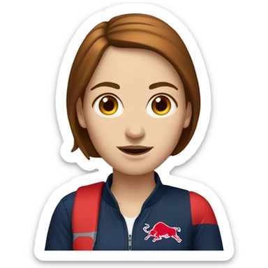 White woman with brown hair holding Red Bull sticker