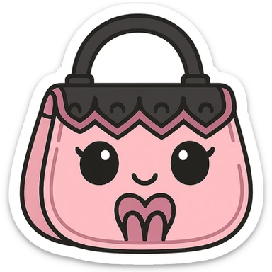 pink and black gothic purse, kawaii style, big eyes, smiling, cartoonish, playful sticker