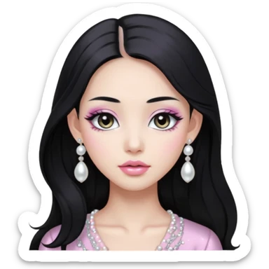 asian long black hair silver grey eyes glossy lips glittery white and light pink eyeshadow girl pearl earrings sticker