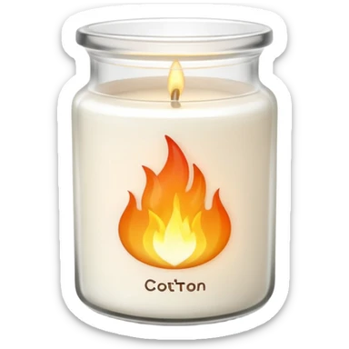 minimal flat emoji of a white scented candle in a glossy white glass jar with the label “cotton”, three visible flames, soft warm glow, clean vector style, elegant and modern, transparent background sticker
