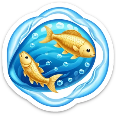 Luminous golden omega-3 capsule amid flowing blue currents, with a translucent fish circling a glowing brain. Soft blue waves radiate outward from the brain toward a faintly visible heart, showing the connection between omega-3, brain health and cardiovascular benefits. sticker