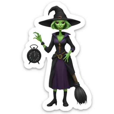 a Reptilian alien woman, as witch, holding holding a big clock, full body sticker