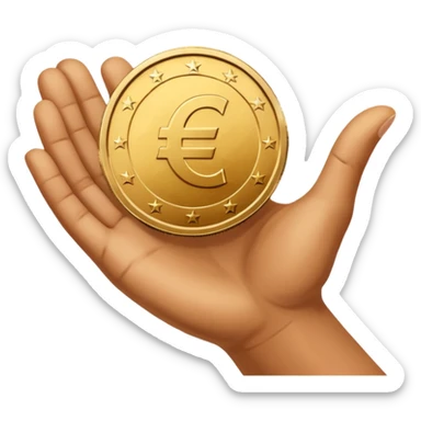 An open hand facing upwards holding a coin with a euro symbol in the center. The coin is placed slightly above the palm, symbolizing financial support or budget. sticker