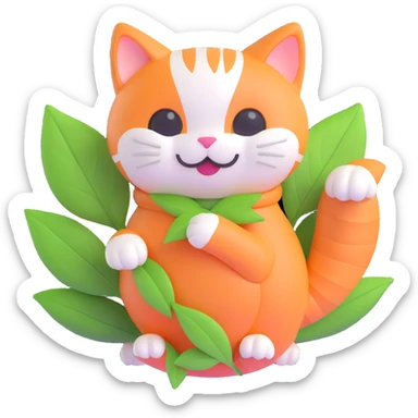 3D iOS style hand holding a kawaii orange and white cat wrapped in a green leaf, smiling, very cute and soft sticker