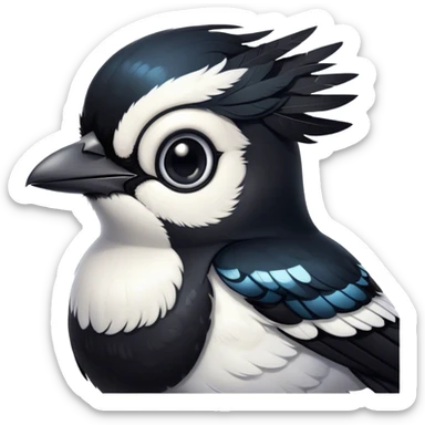 Cinematic Cute Magpie Portrait Emoji, Head tilted playfully and inquisitively, featuring a compact, elegant form with glossy, contrasting black and white feathers and round, sparkling eyes full of playful charm, Simplified yet irresistibly adorable features, highly detailed, glowing with a warm, inviting glow, high shine, affectionate and lively, stylized with a touch of whimsical urban flair, soft glowing outline, capturing the essence of a mischievous yet endearing magpie that seems as if it could flit out of the screen into your arms! sticker