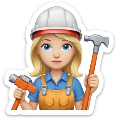 A blond girl blue eyes, handyman Outfit, wearing a Helmet and a Hammer, Whole body  sticker