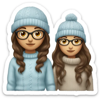 2 hispanic girls, long brown hair, brown eyes, full body, glasses, young, light blue winter sweater sticker