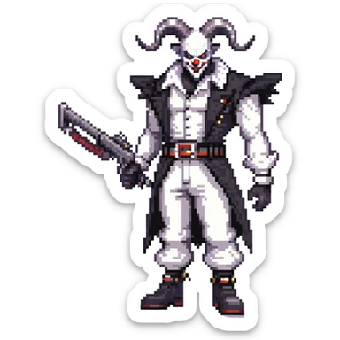 full-body muscular demonic clown in a black and white leisure suit with bellbottom pants, bald, with black ram horns, flashy black and white belt, ruffled white shirt, no neck tie, large fangs, holding a very large futuristic rifle sticker