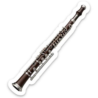 Create an elegant and detailed emoji representing a black oboe with a reed. The design should showcase the sleek, dark wood finish of the oboe, with the metal keys clearly visible. The reed should be delicately placed at the top of the instrument, emphasizing its essential role in producing sound. Add subtle details like the silver or brass accents on the keys to reflect the high-quality craftsmanship of the instrument. Use deep black, silver, and wood tones for the oboe to capture its sophisticated appearance. The background should be transparent. sticker