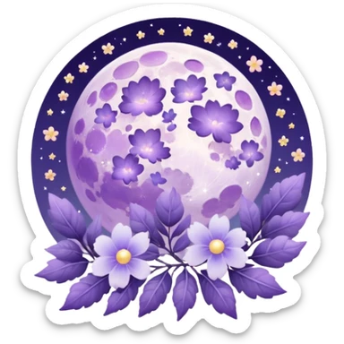 Beautiful poetic ethereal romantic magical aesthetic sparkly glittery shiny pretty floating pastel lilac lavender Violet full moon and flowers and leaves aesthetic pastel clouds scenery  sticker