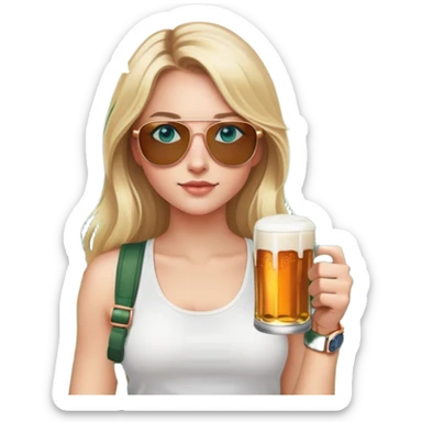 girl with long blond hair
with blue eyes
and aviator sunglasses
wearing white tank top 
holding a can of beer
wearing (rose gold apple watch with forest green band) sticker