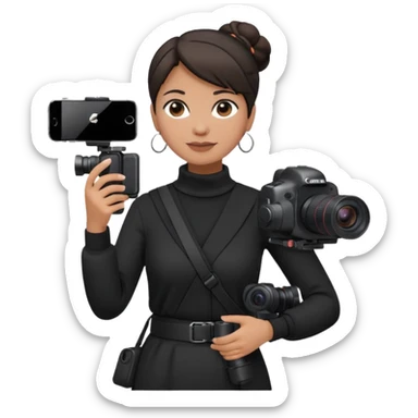 middle aged woman photographer with dark hair in a bun, wearing black clothes, carrying a canon r5 and an iPhone on a gimbal sticker