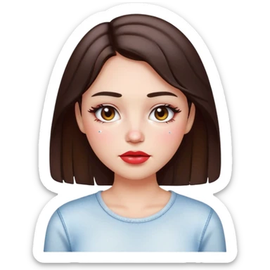 “Emoji brunette girl white top, dewy skin, heavy blush across cheeks and nose bridge, glossy cherry lips, soft eyeliner, teary sparkling eyes like hanni from new jeans sticker