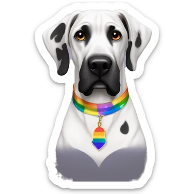 black and white great dane with a rainbow pride collar sticker