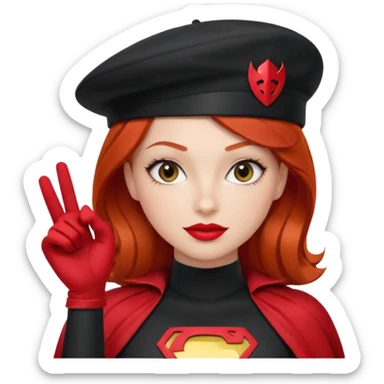 Uma ruiva feliz com batom vermelho com roupa vermelha tipo heroína, com uma boina preta, e uma cara mais “seria” fazendo pose com a mão. sticker