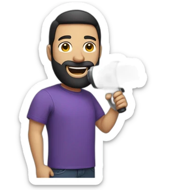 a white man with a black beard, holding a megaphone next to his mouth, he wears a purple tshirt, smiling,he has a modern haircut sticker
