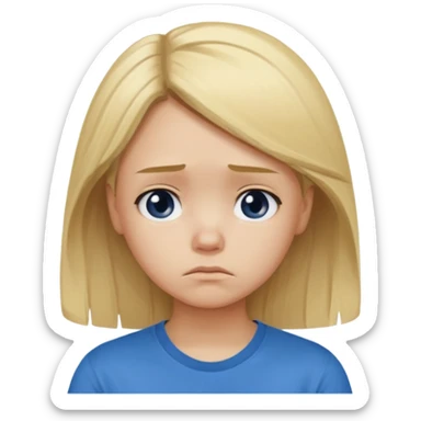 Young girl with blonde hair and a blue T-shirt, looking sad and discouraged sticker