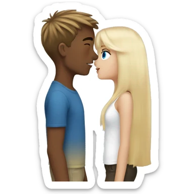 Girl with long back hair with bangs and tan skin kissing boy with blonde hair blue eyes and white skin sticker