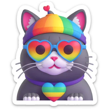 cat wearing a rainbow beanie and heart-shaped sunglasses sticker