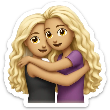 Woman with long straight blonde hair hugging a woman with long curly black hair  sticker