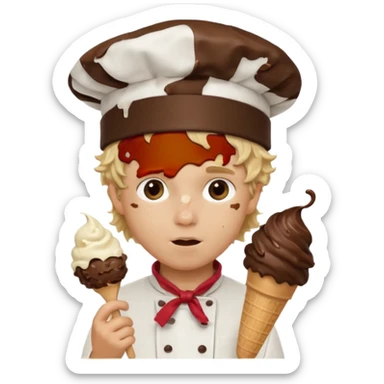 boy blonde curly hair, chef, eating chocolate ice cream sticker