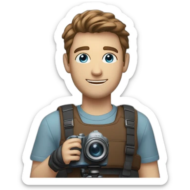 man with camera, he was smiling and he have brown short hair, blue eyes and he was tall. up camera there is a text "dir by mlodyw"  sticker
