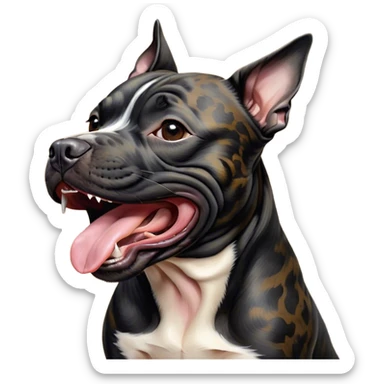 Cinematic Cute Yawning Black/Brindle Staffordshire Bull Terrier Portrait Emoji, Head tilted slightly with a dramatic, wide-open yawn, showcasing a smooth Fur with a striking black and brindle pattern, floppy ears slightly drooping, round dark eyes barely open in drowsy contentment, Simplified yet irresistibly adorable features, highly detailed, glowing with a soft, cozy glow, high shine, relaxed yet expressive, stylized with a touch of whimsy, bright and endearing, soft glowing outline, capturing the essence of a sleepy yet affectionate guardian, so drowsy it feels like it could stretch right out of the screen and curl up for a nap! sticker
