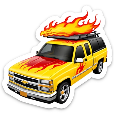 Bright yellow 1997 Chevy Silverado with custom airbrushed red flame paint job on hood extending to sides, exactly as in Kill Bill 'Pussy Wagon', 30-degree angle, iOS emoji style sticker