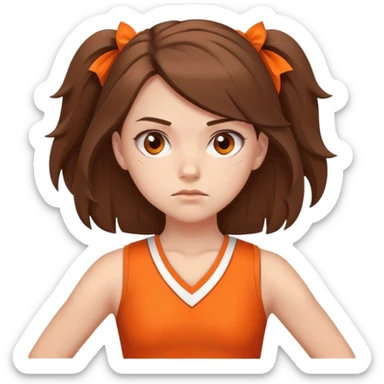 - Nữ
- 15 tuổi
- Da trắng
- Tóc gọn gàng, ngang vai, tóc màu nâu
- Lập dị, khó gần
- Mặc áo cổ vũ cam
- Không cần tay, ảnh chân dung, miêu tả mặt khó chịu sticker