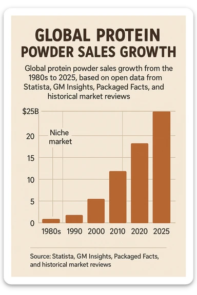 A gpt-style infographic chart showing global protein powder sales growth from the 1980s to 2025, based on open data from Statista, GM Insights, Packaged Facts, and historical market reviews.
It shows how the industry has grown from a niche market in the 1980s to a multi-billion dollar global market by 2020. sticker