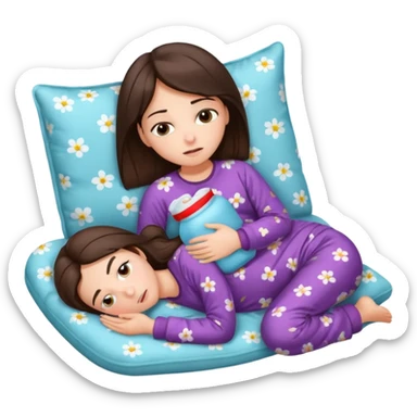 A brunette girl, with a pain face, lying on her side suffering from menstrual cramps, has a hot water bottle on her stomach. sticker