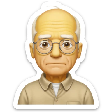 A 3D cartoon close-up of Grandpa Abe Simpson, yellow skin, bald head with side tufts of white hair, glasses, wrinkled face, beige shirt with collar, soft yellow lighting, cinematic Memoji-style portrait consistent with other Simpsons family members, yellow dress. sticker