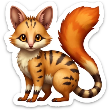 realistic  ember-rust copper fur molten with glowing magma seams and smoky tips beautiful elegant pretty precious cute  Fakémon-Pokémon-opossum-feline-serval-caracal-chinchilla-Furret-Minccino-hybrid-creature with a big fluffy bushy tail (full body) sticker
