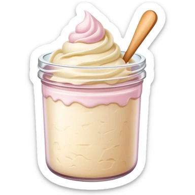 ultra realistic round single scoop of vanilla bean ice cream in light pink short jar no spoon sticker