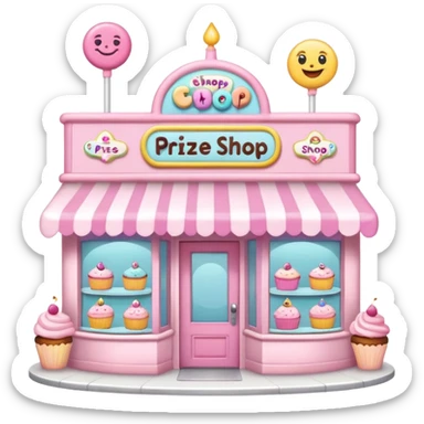 pastel pink cake shop with a 'Prize Shop' sign above the entrance, cakes on display, cute and inviting, emoji style sticker