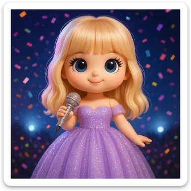 Pretty and girly Blonde pop star with bangs wearing a sparkly tulle light purple ballgown, holding a bedazzled microphone, reimagined as a cute doll, with a nighttime concert backdrop with colorful confetti sticker