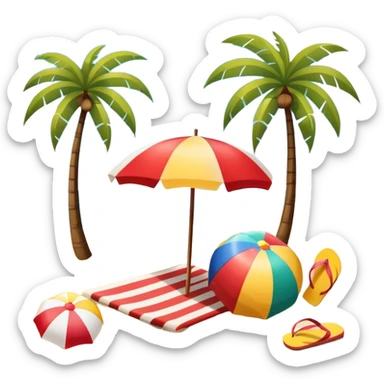 Icon for Beach Tourism: a sun umbrella, beach ball, flip-flops, and a beach towel on the sand, with the ocean and palm trees in the background. The icon should represent relaxation and fun at the beach. Transparent background. sticker