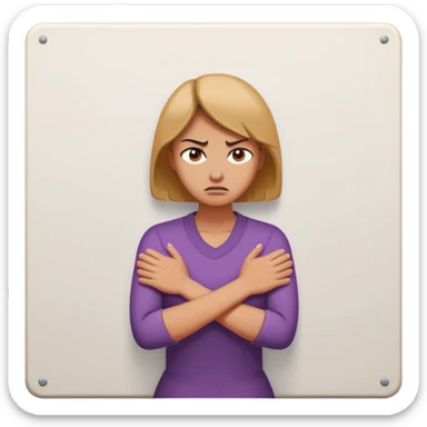 woman with avoidant attachment style with angry expression, arms firmly crossed creating barrier, body turned slightly away showing emotional distance, dismissive cold eyes, small wall or barrier symbol nearby sticker