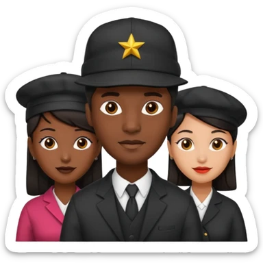 Black man with fitted hat on  with two women one black one Chinese  sticker