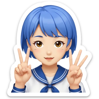 Energetic anime girl with short blue hair wearing Japanese sailor style school uniform, winking and making peace sign, kawaii style sticker