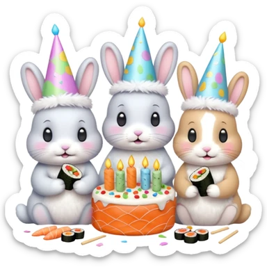 four bunnies together eating sushi at a birthday party, pastel colors, cute, confetti, birthday cake sticker
