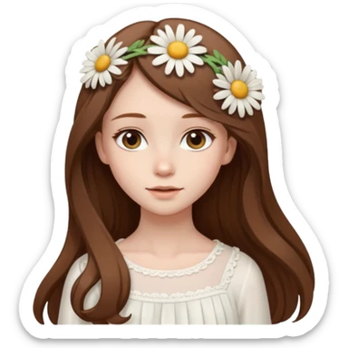 Girl with long brown hair, pale skin, daisy hairclips, long sleeved white flowy dress sticker