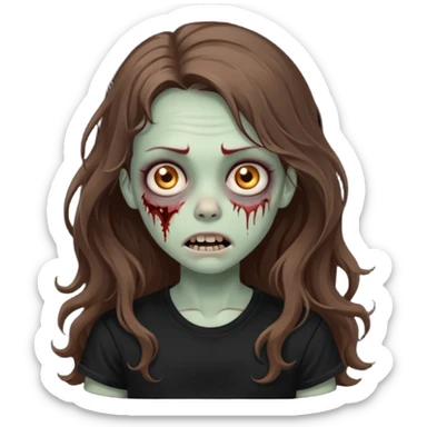 crie um emoji de uma garota zoombie cabelo castanho e longo , assustadora e fofa com cabelo ondulado 2b e camiseta básica preta sticker