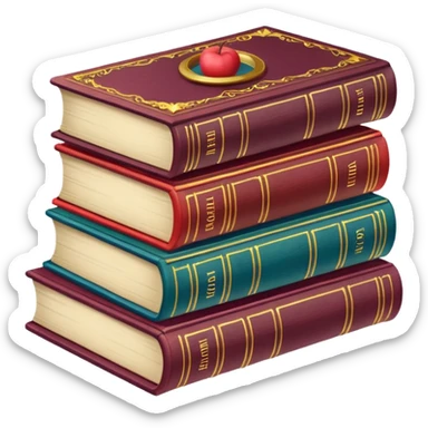 A stack of colorful spellbooks that look like they came out of a fine victorian library sticker