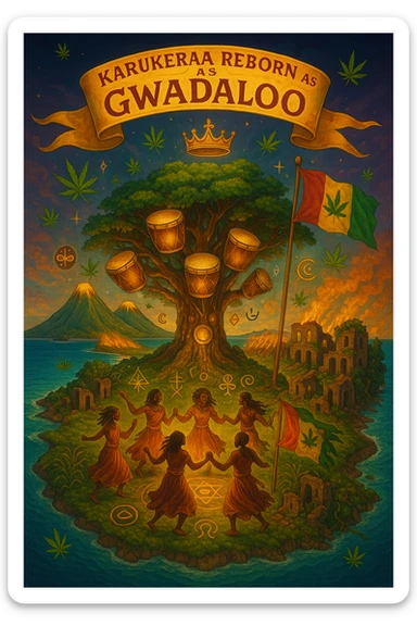 Create a powerful, surreal vision of the Caribbean island Guadeloupe, reimagined as ‘Guadeloupe' — its sacred, sovereign identity restored. The island is lush, tropical, and volcanic, with two green volcanoes glowing golden at the peaks. In the center stands a giant mystical Drum Tree, its branches bearing carved drums instead of fruit, glowing with rhythmic light. Ancestral spirits of African and indigenous lineage dance in a circle around the tree, surrounded by floating ganja leaves and sacred symbols. Sugarcane fields burn gently in the background, symbolizing the end of colonial suffering. Ruins of colonial buildings crumble into the earth, reclaimed by vines and jungle. Above the island, a glowing banner in the sky reads: ‘Karukera reborn as Gwadaloo.’ A ganja-leaf flag waves high in red, green, and gold, and a golden Creole crown floats in the sky above the island — not worn by any man, but held in rhythm. The ocean is turquoise, the light is divine, and the entire scene radiates spiritual victory, cultural remembrance, and cosmic rhythm. Use a warm, cinematic palette of golds, greens, blues, and purples. Style should feel epic, sacred, and symbolic — a rebirth of Caribbean power. sticker