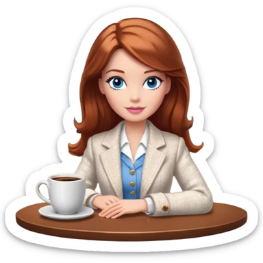 A Barbie girl with blue eyes, shoulder-length reddish-brown hair, made-up, wearing a white tweed jacket and a white skirt, is sitting at a table with a cup of coffee in her hands sticker
